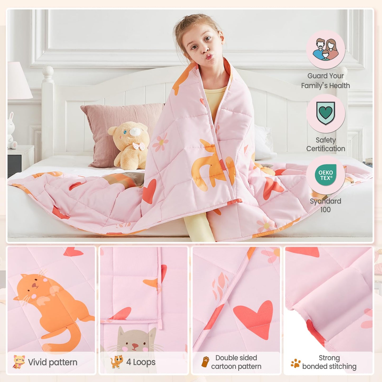 HOSUKKO Weighted Blanket - 10 lbs Pink Cat Heavy Blanket - Small Size Breathable Blanket(41 * 60 inches, 10 lbs)