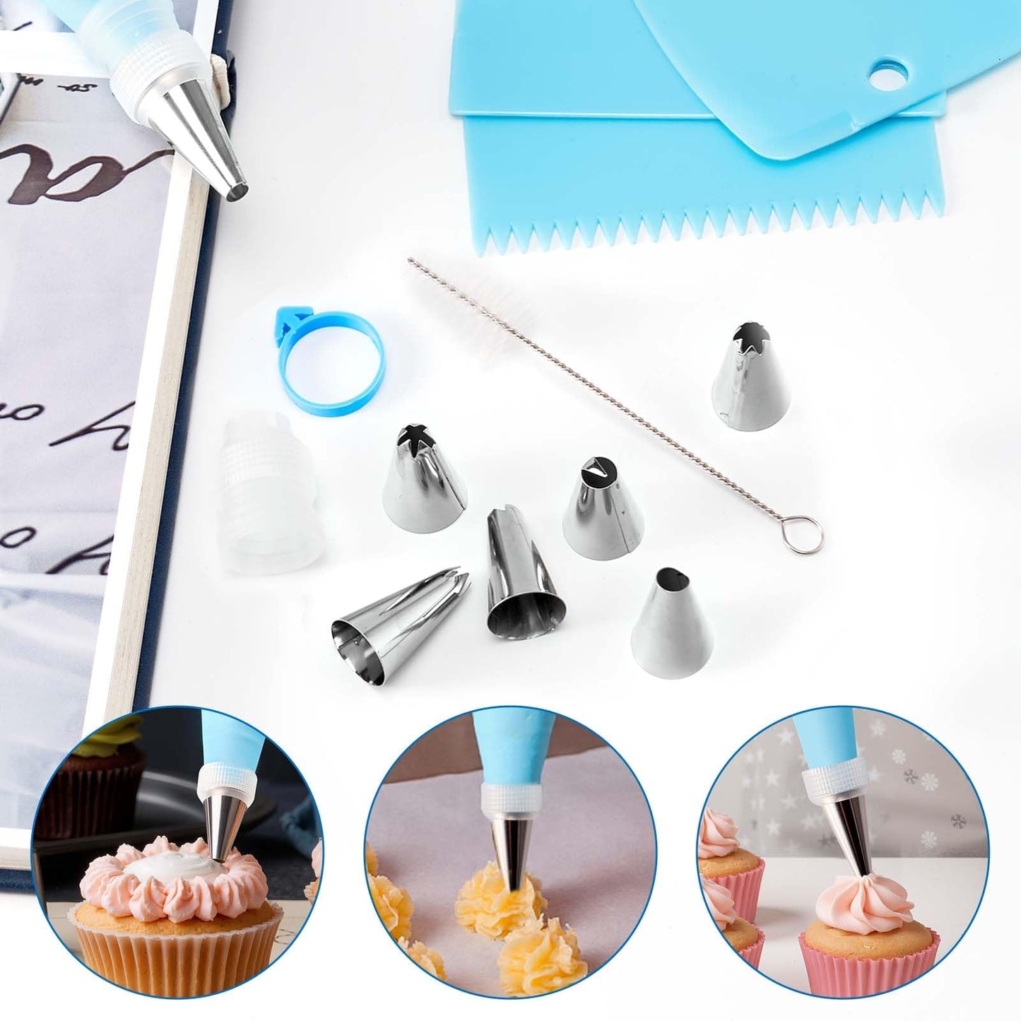 Piping Bags and Tips Set, Reusable Cake Decorating Kit with 24 Stainless Steel Icing Tips,2 Reusable Silicone Piping Bags,2 Couplers,3 Scrapers, Bag Ties & Brush for Baking, Cookie Icing and Cupcakes