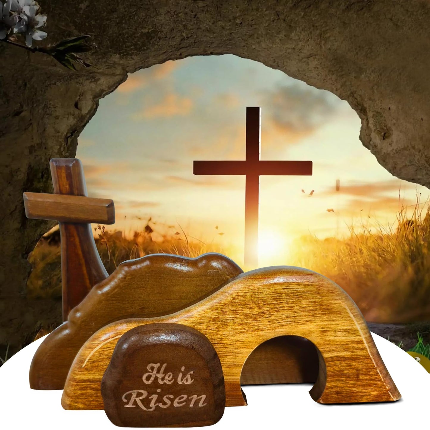 JNYVE Easter Scene Wooden Decorations - Empty Tomb Resurrection Scene and Cross Decor - Jesus Christian Religious Tomb Signs Tiered Tray Decoration for the Home Table Office