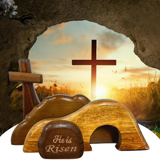 JNYVE Easter Scene Wooden Decorations - Empty Tomb Resurrection Scene and Cross Decor - Jesus Christian Religious Tomb Signs Tiered Tray Decoration for the Home Table Office