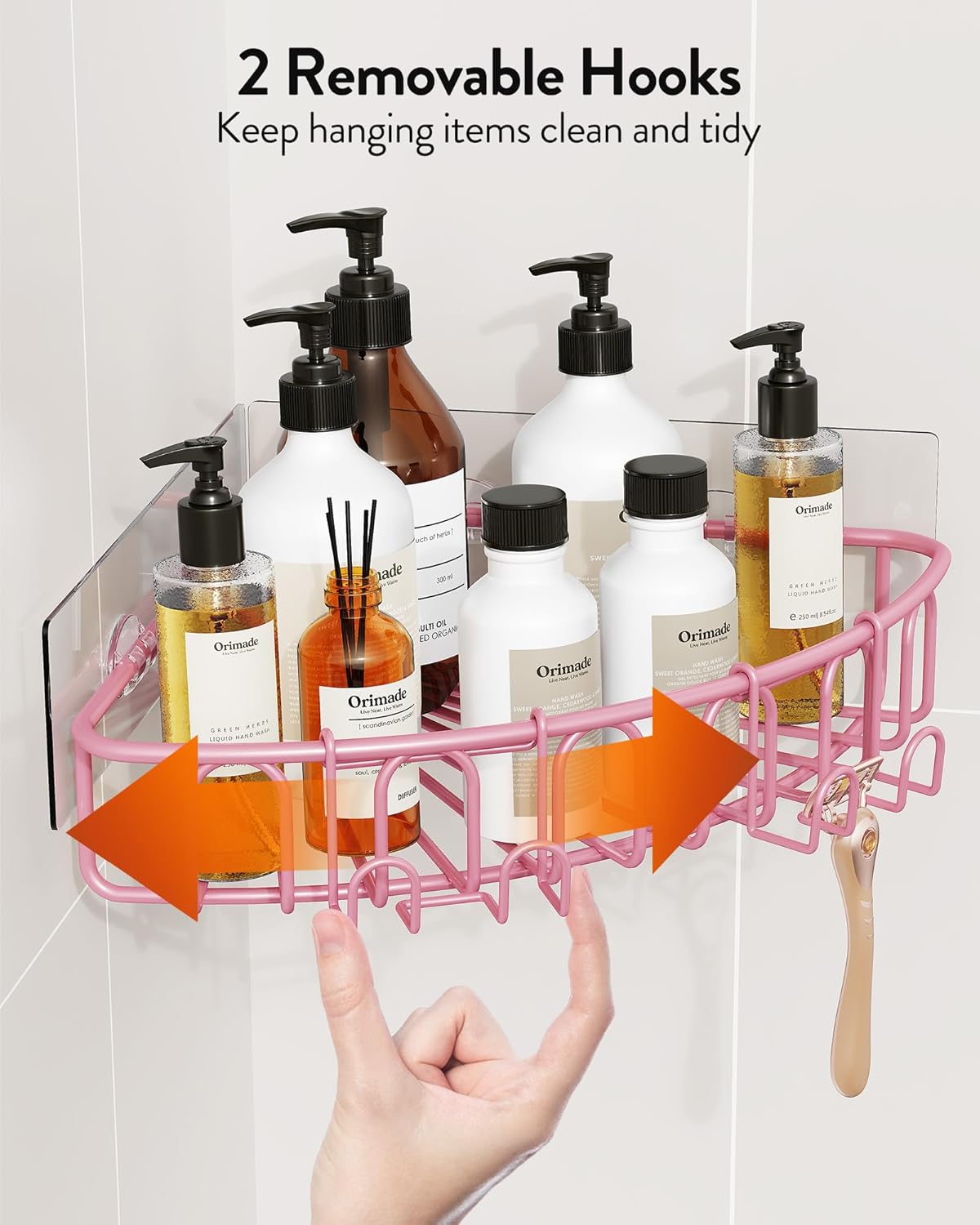 Orimade Corner Shower Caddy - Wall Mounted Metal Bathroom Organizer with 2 Hooks | No Drilling, Pink, 90-Degree Corner, 2 Pack