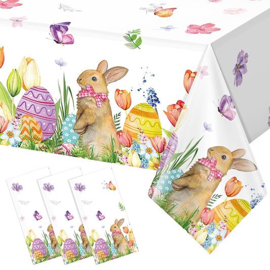 3 Pack Easter Tablecloth Disposable, Easter Bunny Eggs Plastic Tablecloth for Rectangle Tables, Watercolor Spring Easter Table Cover for Home Kitchen Dining Room Indoor Party Decorations, 54 x 108Inch