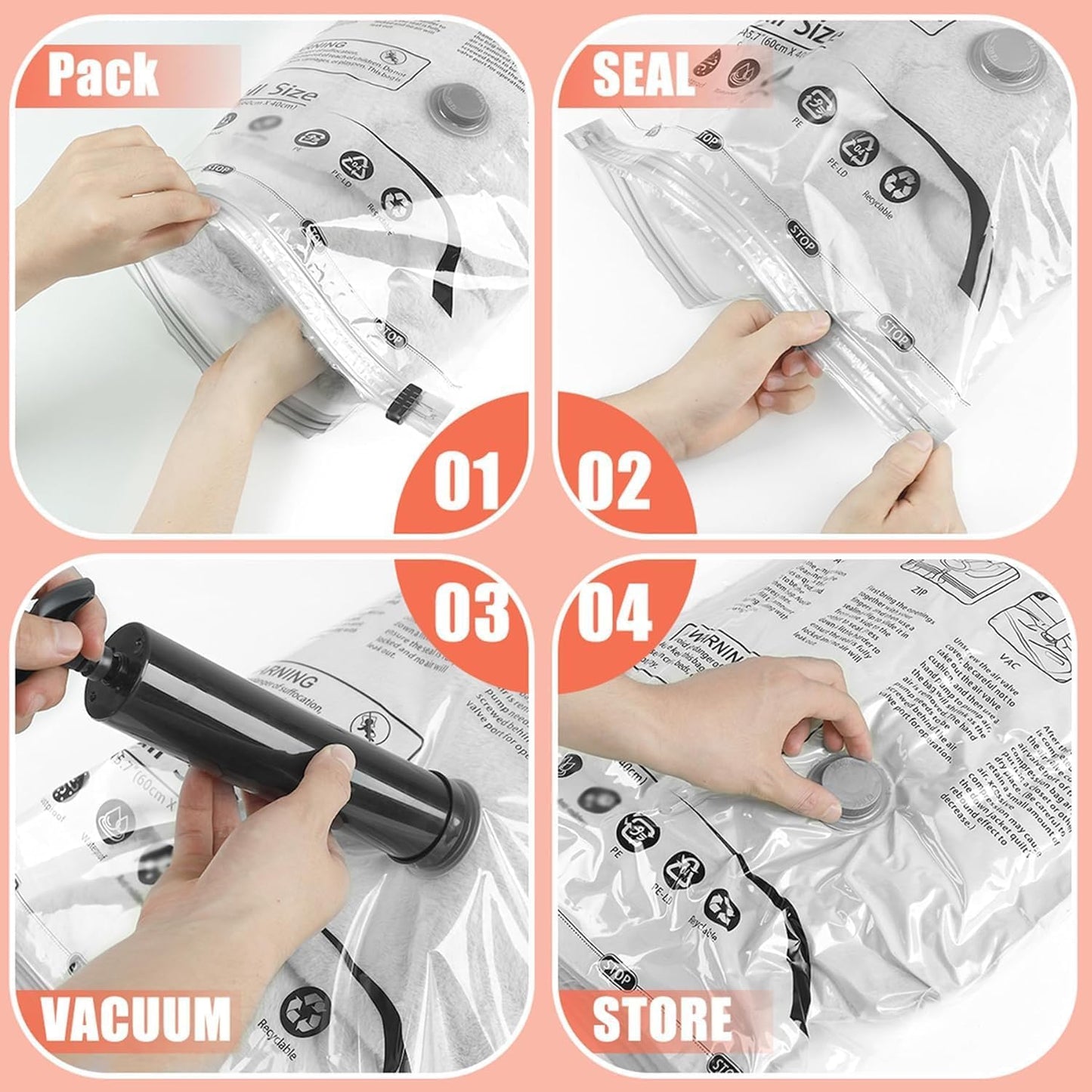 Skiennix Vacuum Storage Bags - Space Saver for Comforters & Blankets | 6 Medium Compression Bags with Hand Pump