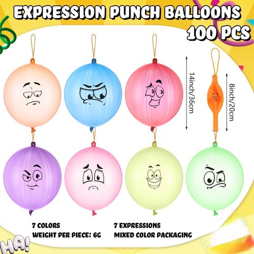 Hollowfly 100 Pack Expression Heavy Duty Punch Balloons Bulk Bounce Balloons with Rubber Band Handle for Carnival Funny Party Favor Activities Decoration Birthday Rewards Bags Filler
