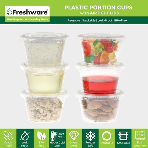 Freshware Portion Cups with Lids - 4-Ounce Plastic Containers for Souffle, Sauce, Snacks | 100 Sets, BPA Free