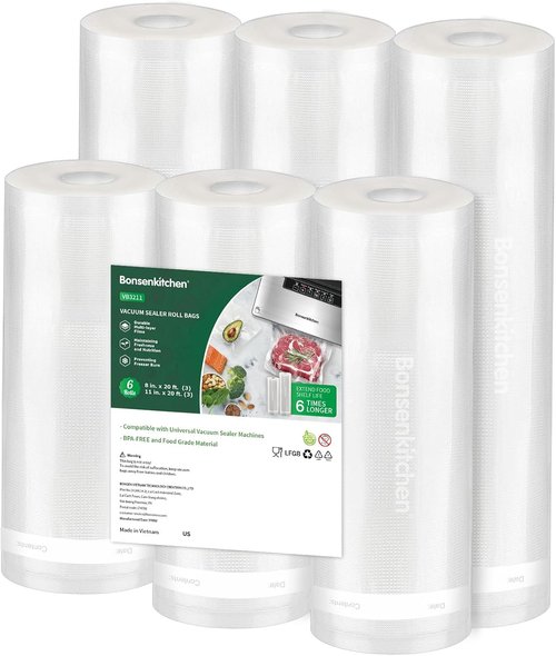 Bonsenkitchen Vacuum Sealer Rolls - 6 Pack of 11" x 20" & 8" x 20" BPA-Free Bags for Food Storage & Sous Vide
