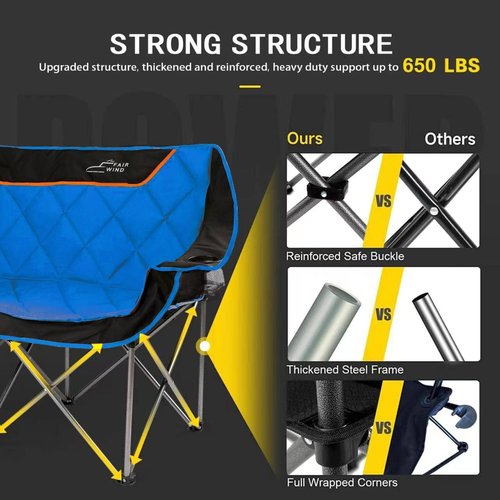 FAIR WIND Oversized Padded Camping Chair - Heavy Duty Double Loveseat Couch | Supports 650 LBS, Blue