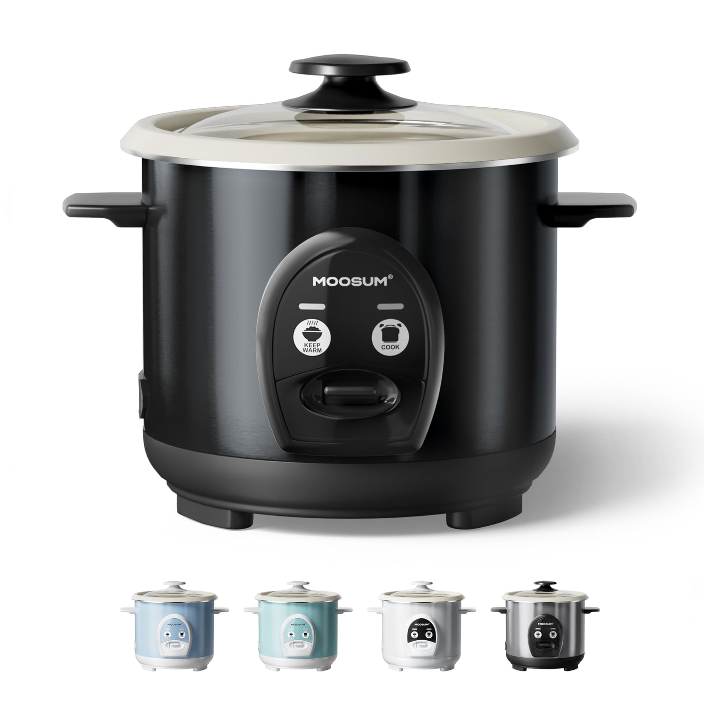 MOOSUM 3-Cup Uncooked Rice Cooker Small - Ceramic Coating Non-Toxic Inner Pot, One-Touch Multifunction for Rice/Sauté/Yogurt, Dishwasher Safe, 1-3 People Size, Black