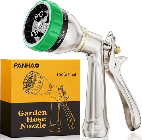 FANHAO Heavy Duty Garden Hose Nozzle - 100% Metal Sprayer with 7 Spray Patterns | Ergonomic Design for High Pressure Watering