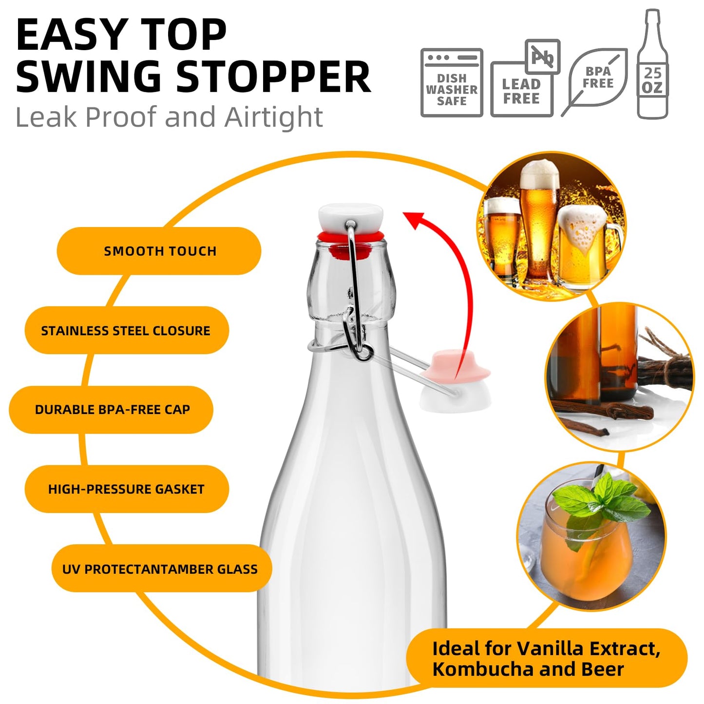 1Pc 25oz Swing Top Glass Bottles 750ml, Flip Top Glass Bottle with Airtight Lid for Fermentation, Kombucha, Mead, Vanilla Extract, Coquito, Vinegar, Beer, Kefir, Wine, Soda, Juice, for Home Brewing