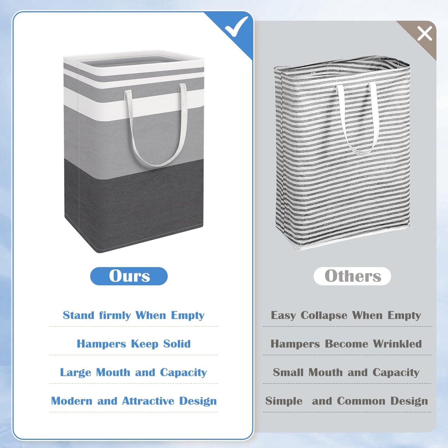 BlissTotes 3-Pack Laundry Basket, Freestanding＆Waterproof Laundry Hamper, Collapsible Tall Clothes Hamper with Easy Carry Handles for Clothes, Towels in the Family and Dorm,Gradient Grey,88L