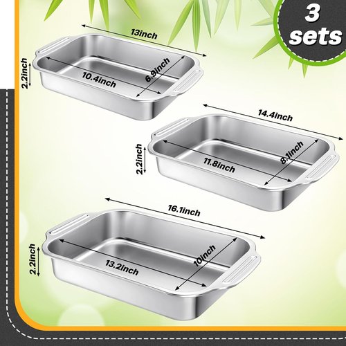 Funnymoom Stainless Steel Baking Pan Set - 3 Rectangular Sizes (12/14/15 Inch) for Cakes, Lasagna & More