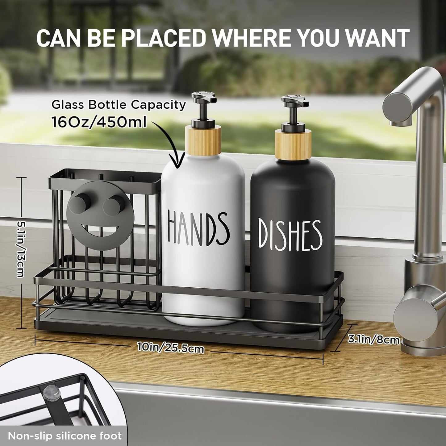 Moforoco Kitchen Dish Soap Dispenser Set - 16oz Glass Bottle with Non-Slip Silicone Pad & Brush Holder