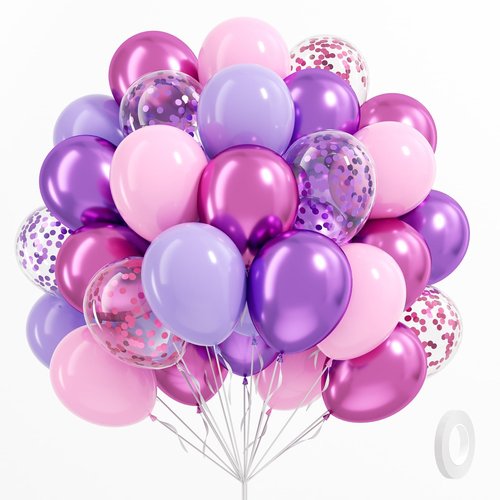 61pcs Pink and Purple Balloons, 12 Inch Purple Pink Confetti Balloons, Metallic Balloon with Ribbon for Bridal Baby Shower Wedding Women Birthday Party Decorations