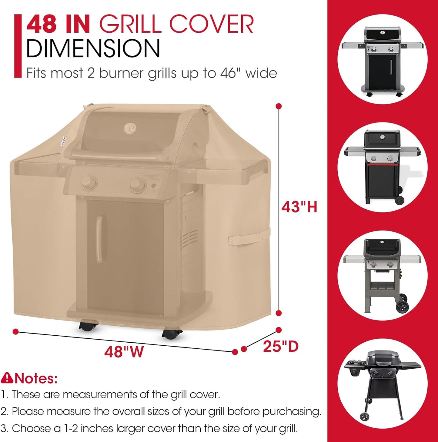 Unicook BBQ Grill Cover - Heavy Duty Waterproof 48 Inch for Weber, Char-Broil & Nexgrill | All Weather Protection, Light Brown