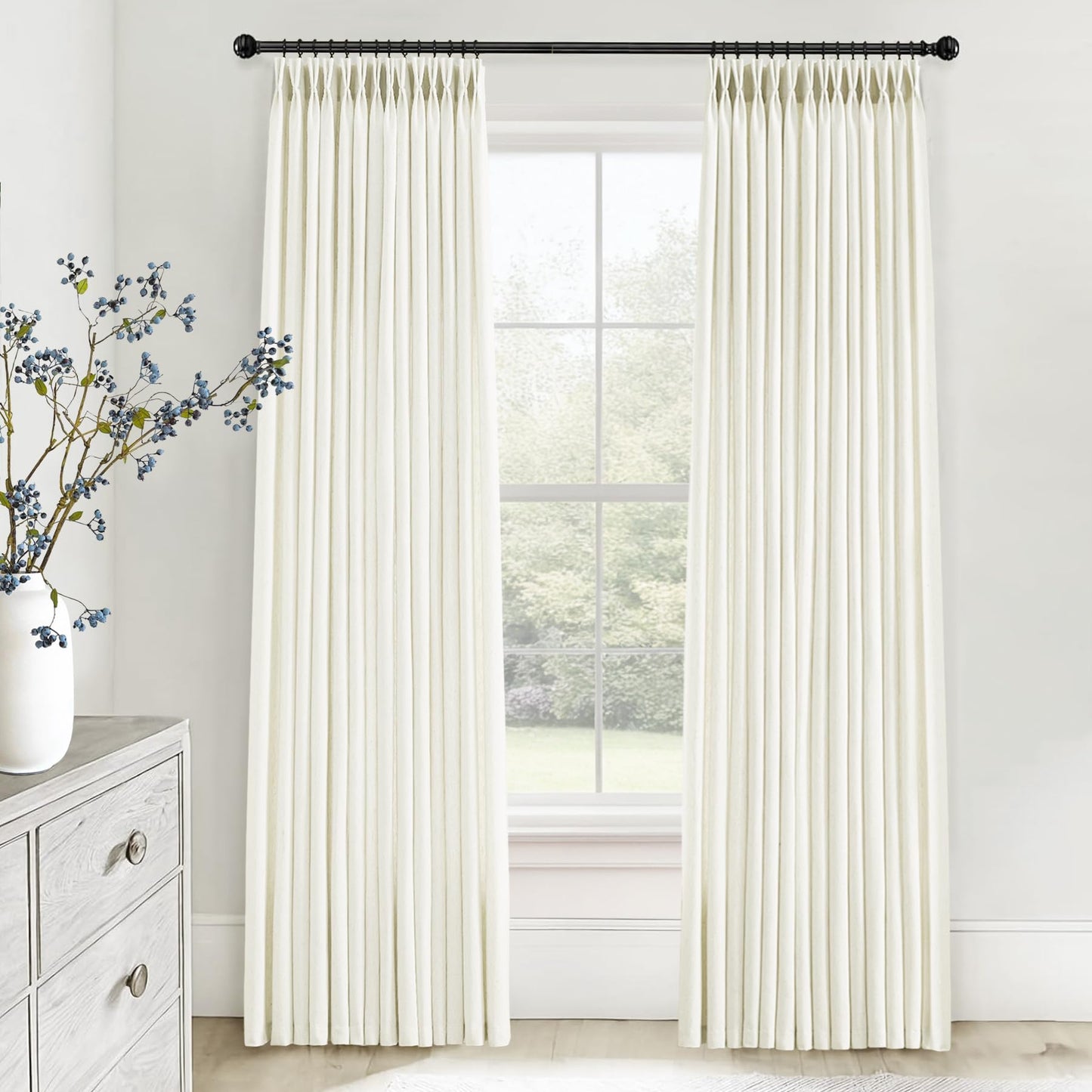 Natural Pinch Pleated Linen Curtains 84 Inch Length 2 Panels for Living Room Bedroom Textured Cream Ivory Birch Semi Sheer Boho Neutral Pinch Pleat Hooks Rings Window Curtain 84 Inches Long