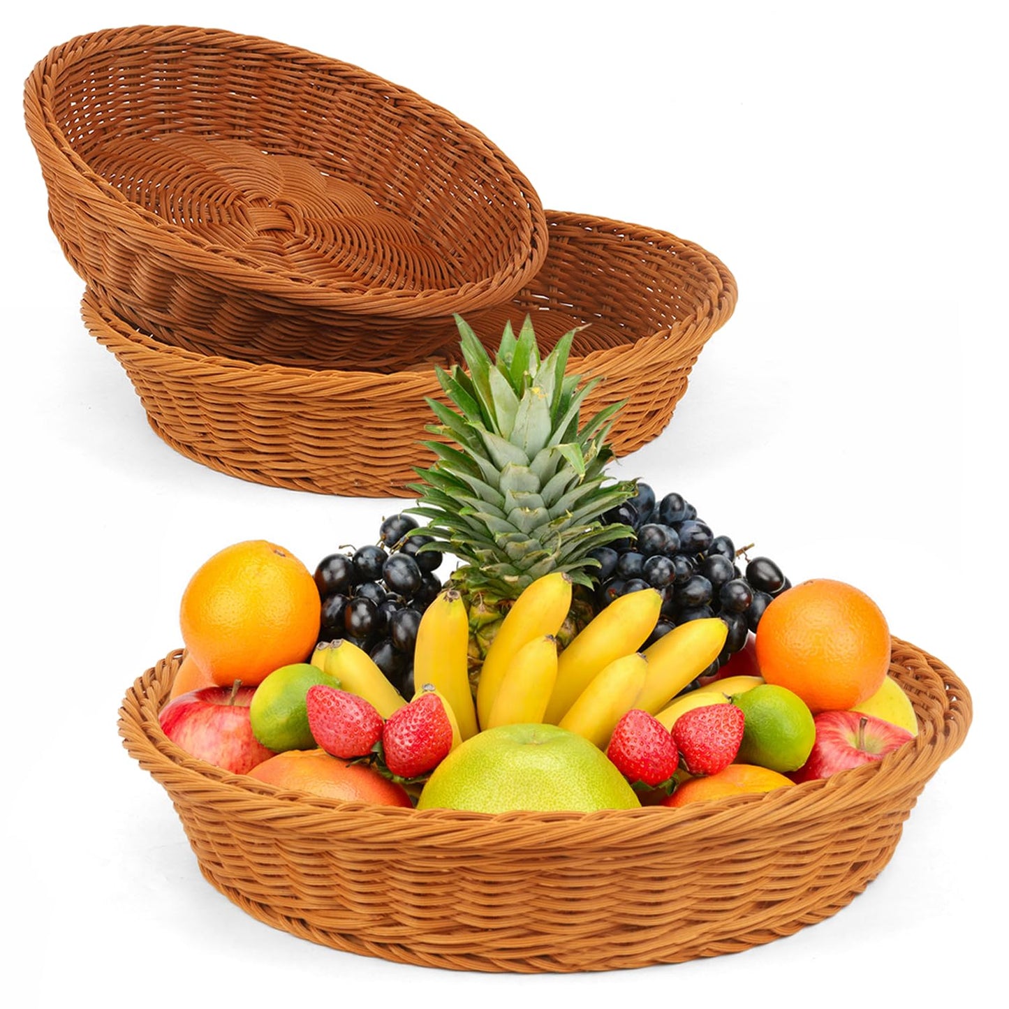 Round Wicker Basket, 3 Pack Rattan Food Serving Baskets Wicker Bread Basket For Fruit, Vegetables, Breakfast, Drinks, Snacks, Dining Coffee Table, 15.5, 13.8, 11.8 Inches (Brown)