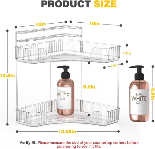 Asayuee 2-Tier Corner Bathroom Organizer - Large Clear Makeup & Skincare Holder with Toothbrush Slots