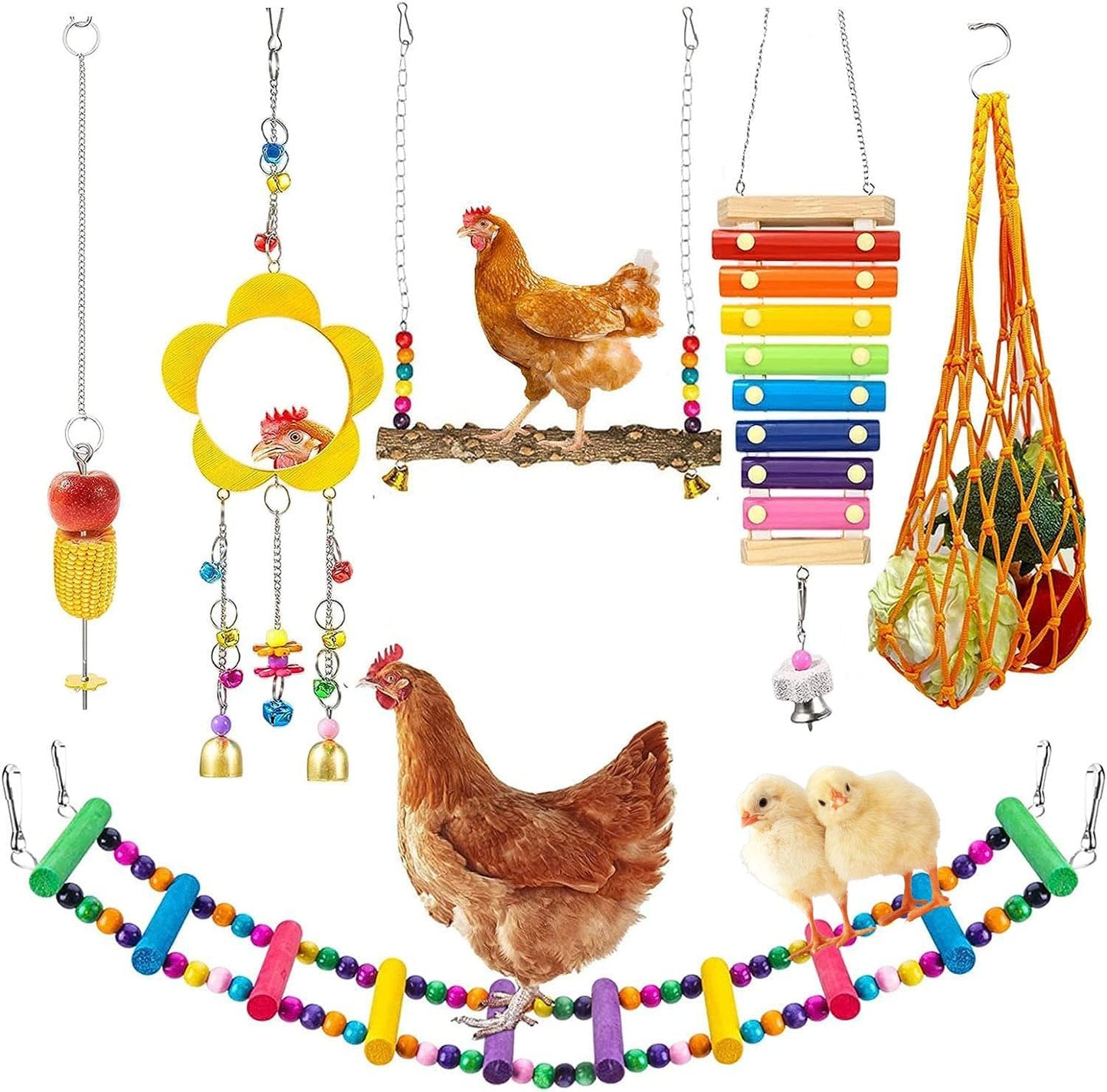 Skiennix Chicken Toys Set - 7PCS Chicken Swing Ladder, Xylophone Mirror & Feeder for Hens | Coop Accessories