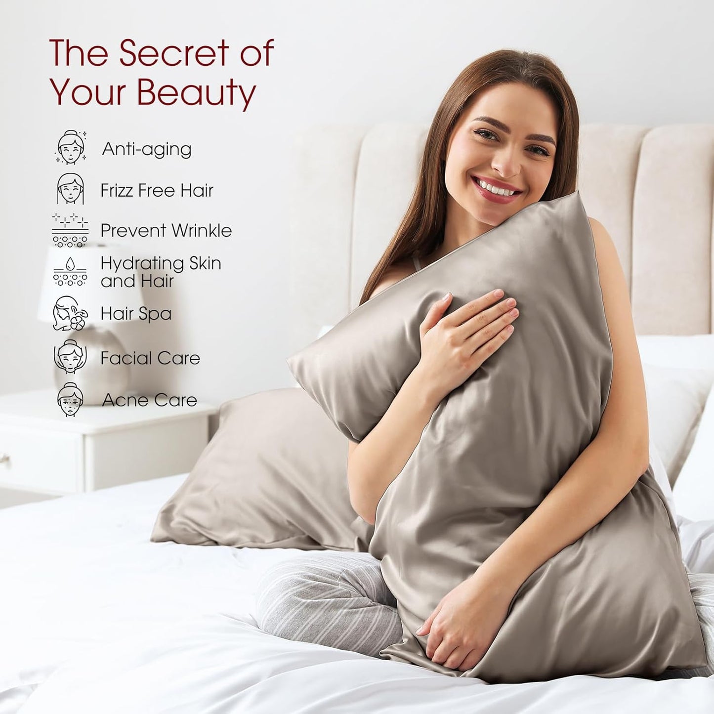 Skiennix 100% Mulberry Silk Pillowcases - Set of 2 Queen Size for Hair & Skin | Soft, Breathable, Cooling, Grey