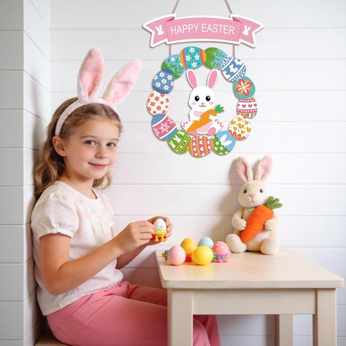 Easter Decorations for Front Door, Wooden Hanging Bunny Egg Wreath, Happy Easter Porch Welcome Sign for Home Wall Spring Party Housewarming Gift(Easter Bunny)
