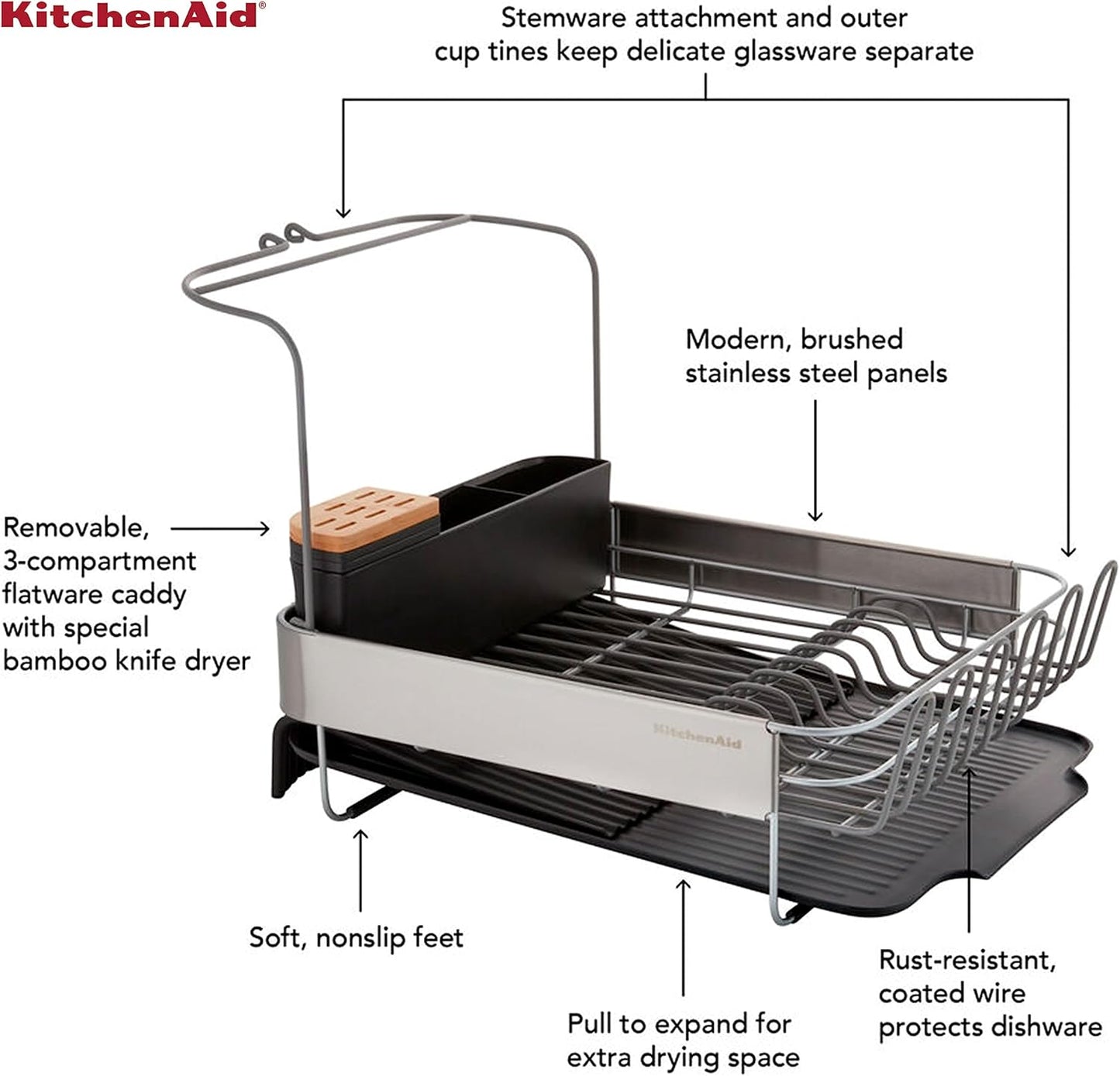 KitchenAid Expandable Dish Rack - Rust Resistant with Angled Self-Draining Drainboard, 24-Inch, Black