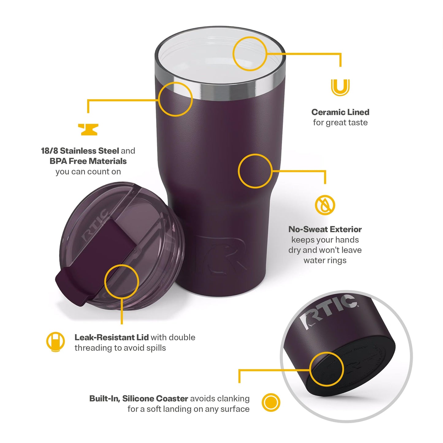 RTIC 20oz Essential Tumbler with Lid, Ceramic Lined, Insulated, Stainless Steel, Metal, Double Wall Vacuum-Insulation, Travel Cup for Iced Coffee, Tea, Hot and Cold Drink, Plum