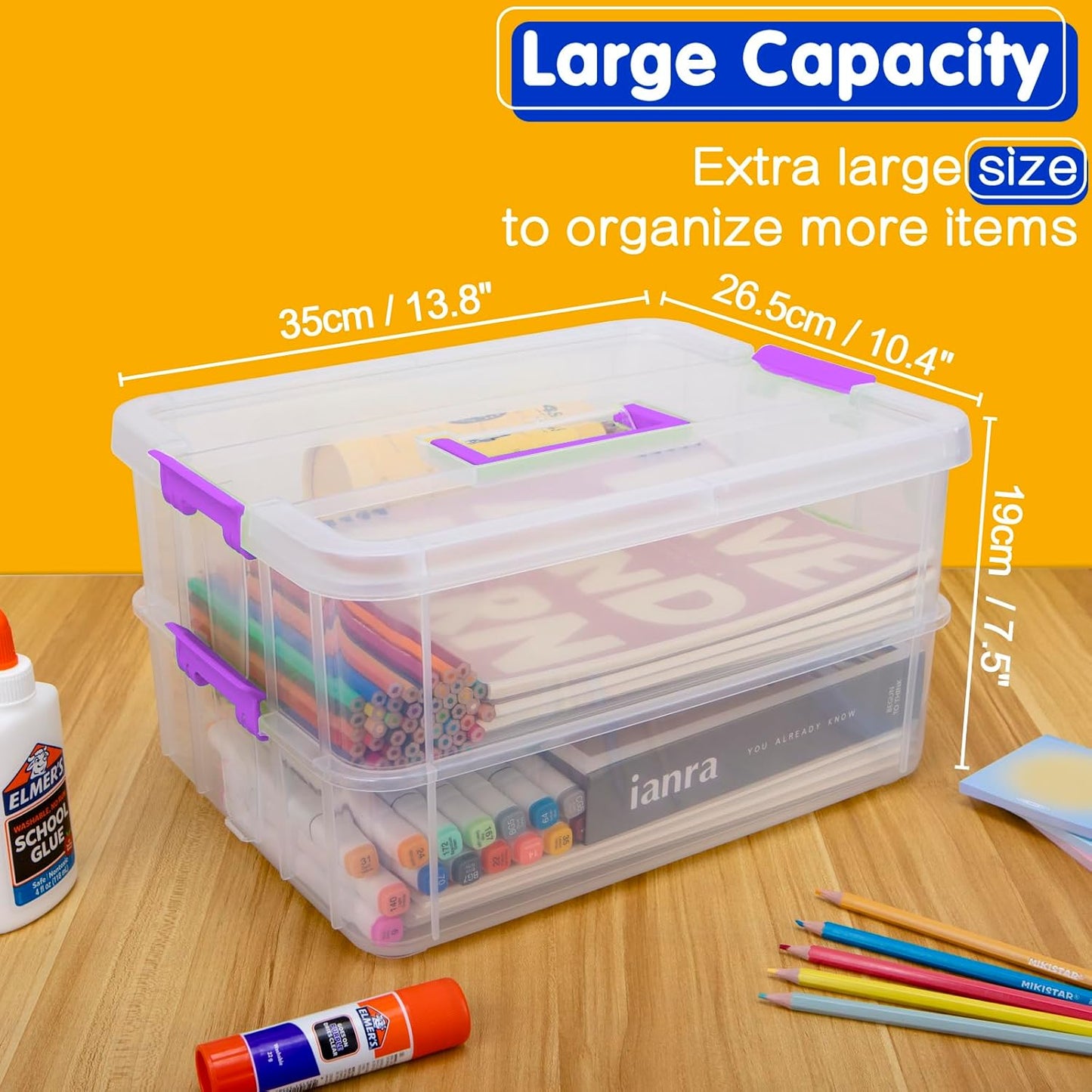 TERGOO Clear Plastic Storage Containers - 2 Layer Stackable Craft Organizer Box | Portable for Art, Sewing & Makeup (Purple)