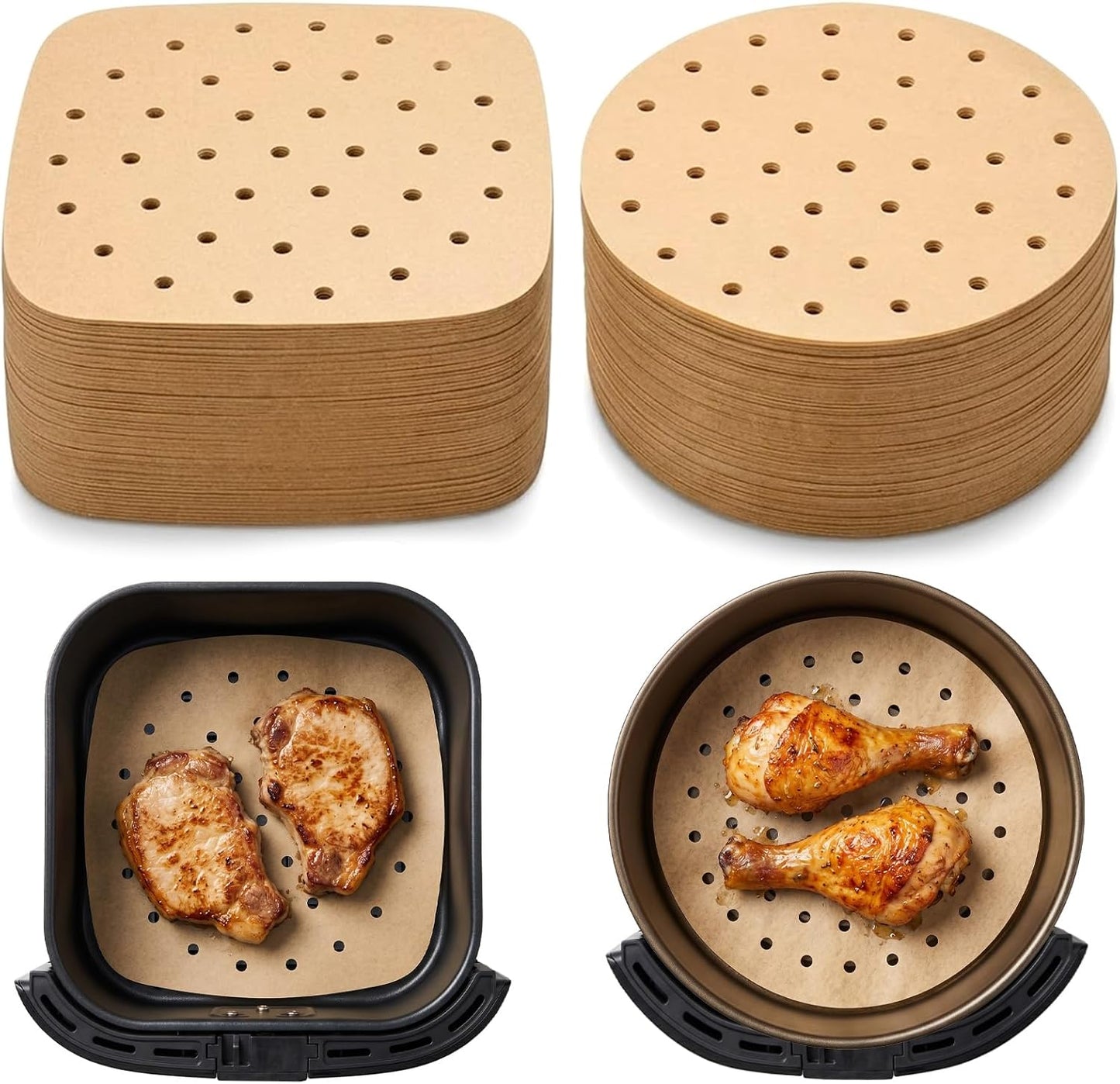 Skiennix Air Fryer Parchment Paper Liners - 100 PCS Perforated Sheets for 8.5" & 7" Baskets | Ideal for Baking & Cooking