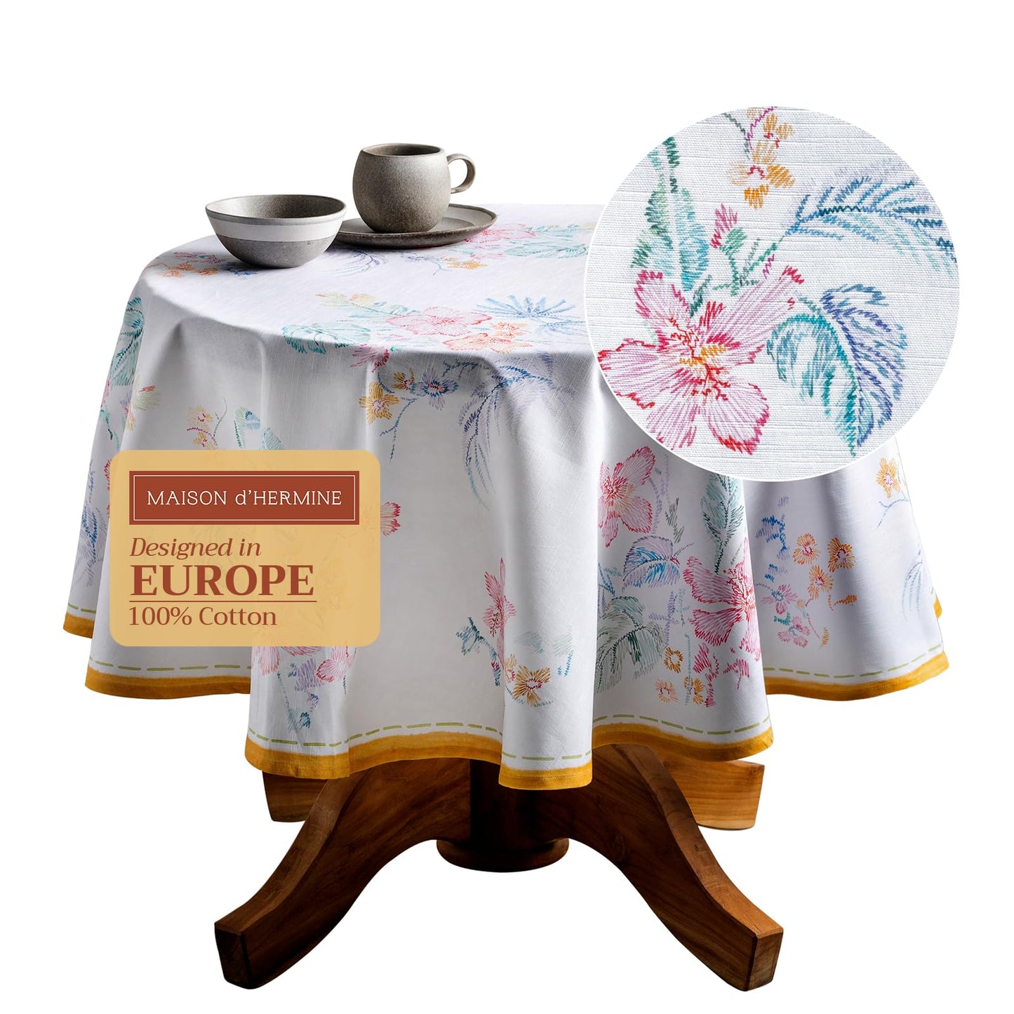 Maison d' Hermine Table Cloth Round Table 100% Cotton 63 Round Inches Tablecloth Reusable Decorative for Dining Kitchen Room Farmhouse Home Gifts for Mothers Day Spring Summer - Paradise Island