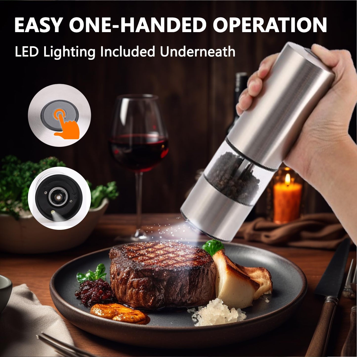 Electric Salt and Pepper Grinder Set, Automatic Battery Pepper Mill Shakers with Upgraded Larger Capacity,Stainless Steel Automatic Pepper Mill,Adjustable Ceramic Core, Dust Cover, 2 Pack