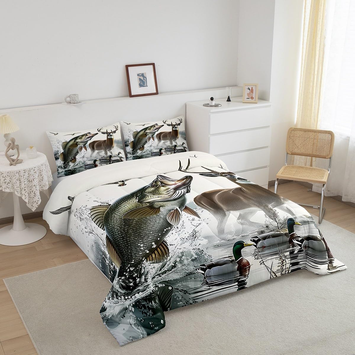 Feelyou Boys Girls Deer Pike Fish Duvet Insert Twin Size, Bass Big Fish Comforter Set Fishing and Hunting Bedding Set Kids Teens Bedroom Decor Bed Set 2Pcs