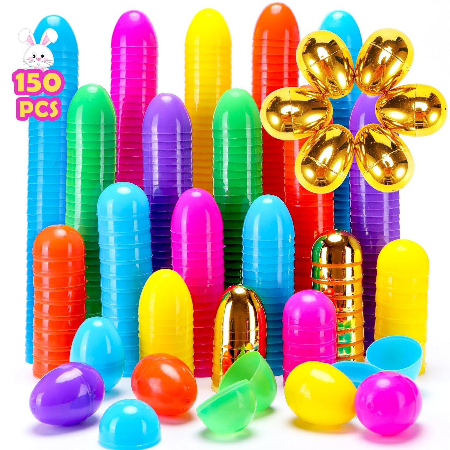 YEAHBEER 150 Easter Eggs, 2.36" Bright Colors Plastic Easter Eggs Empty Include 6 Golden Eggs for Easter Hunt,Filling Treats, Basket Stuffers, Party Favor (150 Pack)