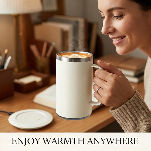 DEQIANG Self Heating Coffee Mug, Heated Coffee Mug with Smart Mug Warmer & Ergonomic Handle, Auto Heat to 131°F, USB-Powered Desk Warmer for Office Home Use, Ideal Coffee Lovers Gift (17oz White)