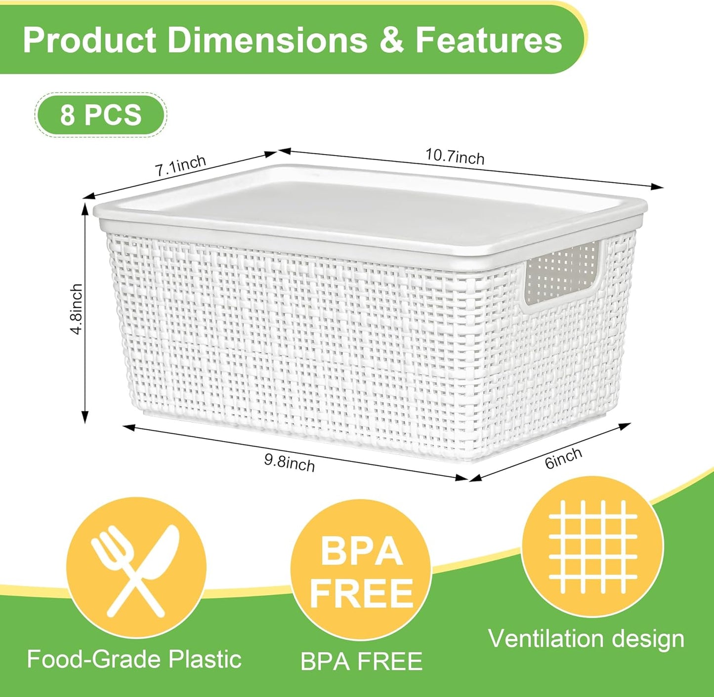 Skiennix 6-Pack Plastic Storage Baskets - Stackable White Bins with Lids for Organizing Desktops & Closets