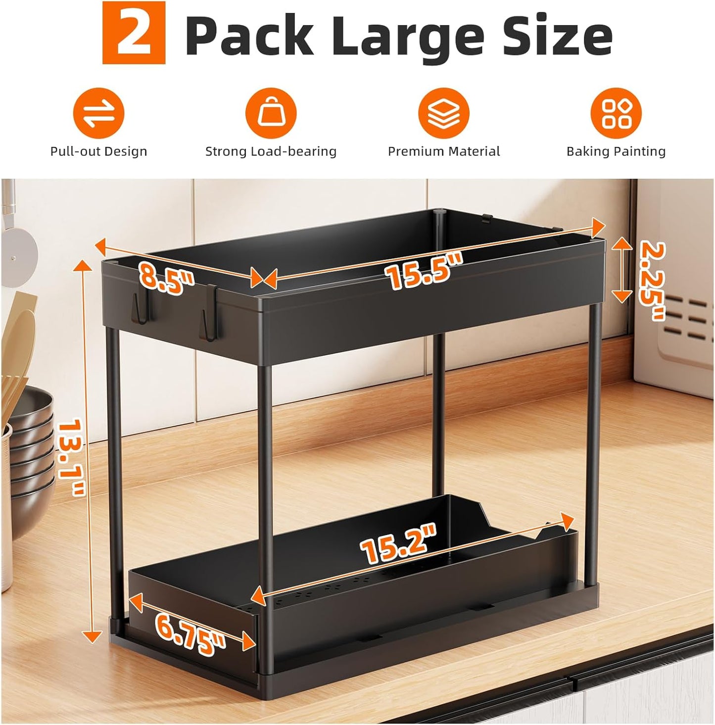 Simple Trending Under Sink Organizer - 2-Pack Pull-Out Sliding Storage Cabinet | 2-Tier Kitchen & Bathroom Organizer in Black