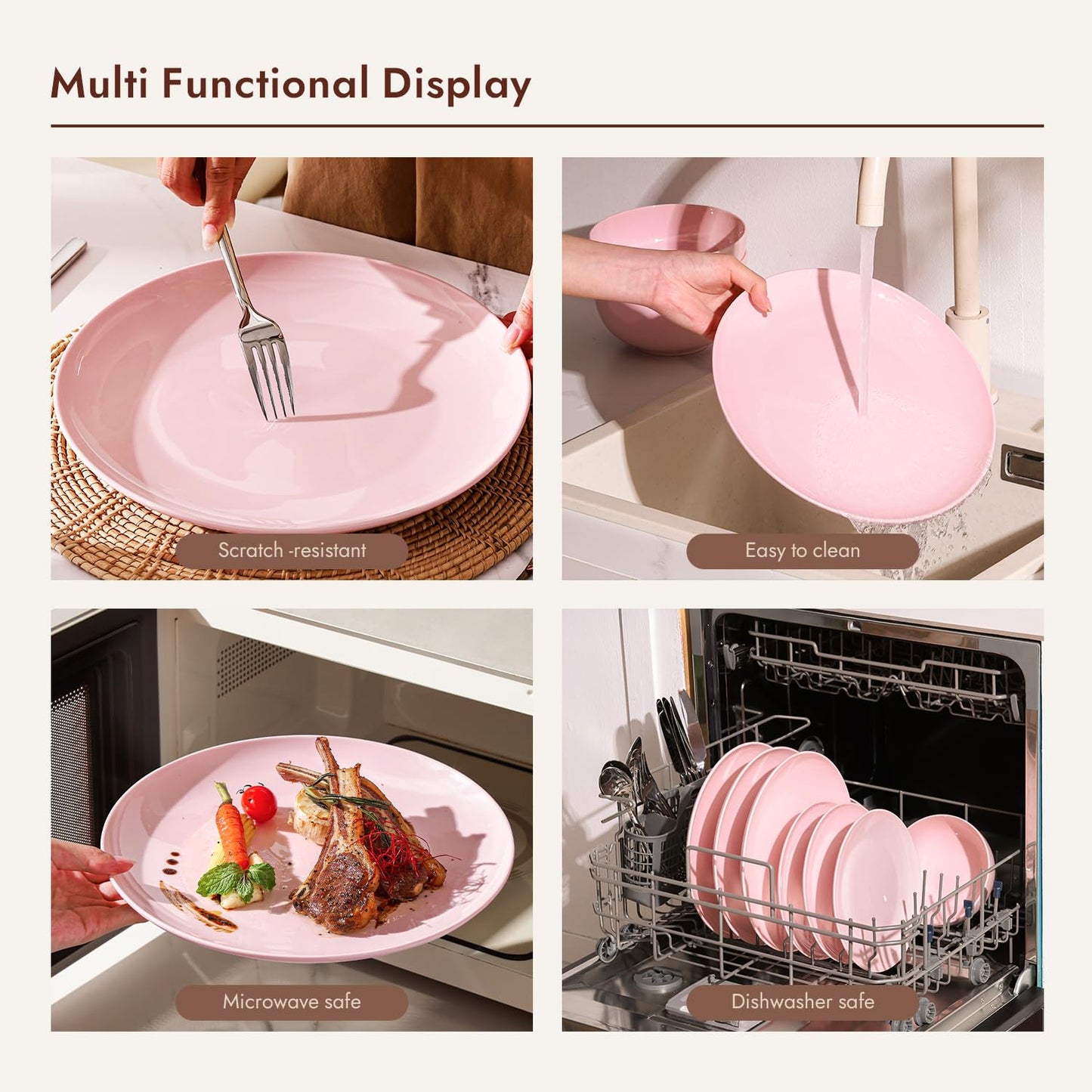 KINGSTONE 12-Piece Bone China Dinnerware Set for 4, Lightweight Porcelain Round Plates and Bowls Set, Durable Scratch Resistant Ceramic Dinner Set, Microwave & Dishwasher Safe, Sakura Pink