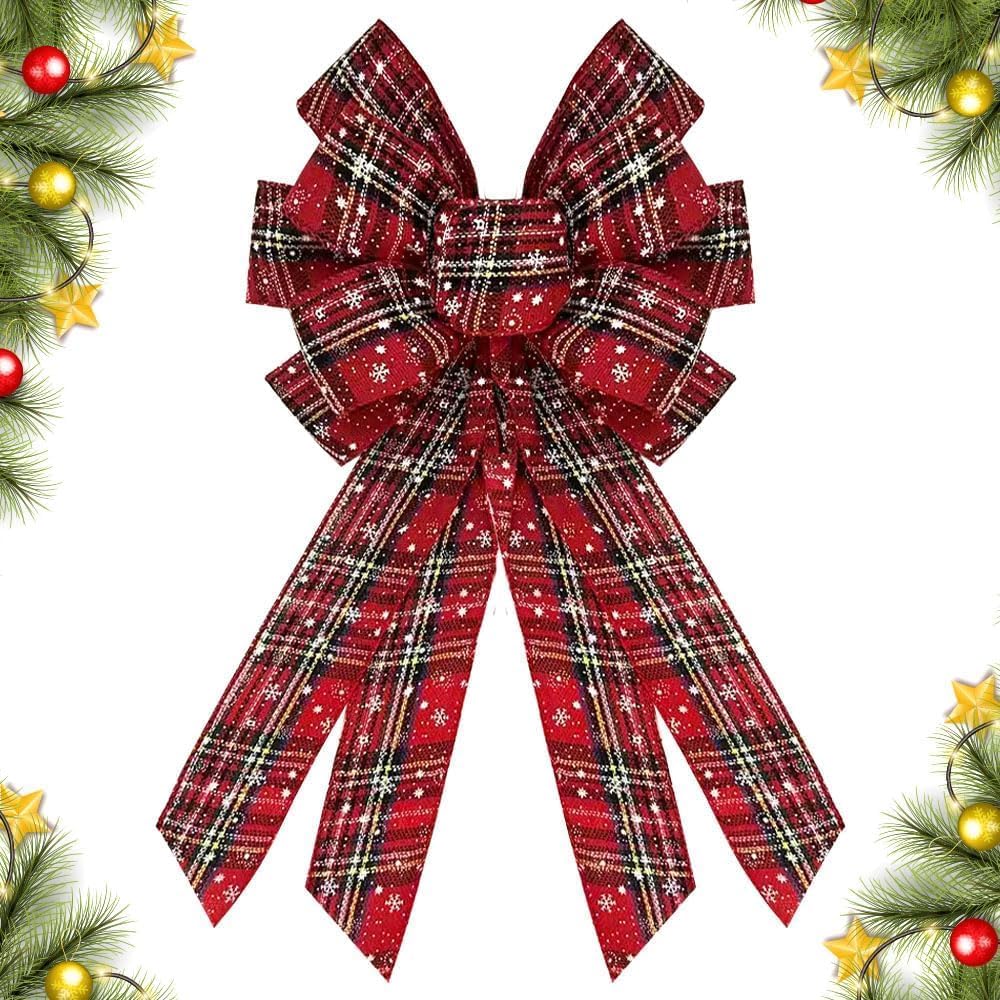 Regine Switzerland Christmas Wreath Bow - Large 20 x 11 Inches Red Burlap Buffalo Plaid for Home Decor