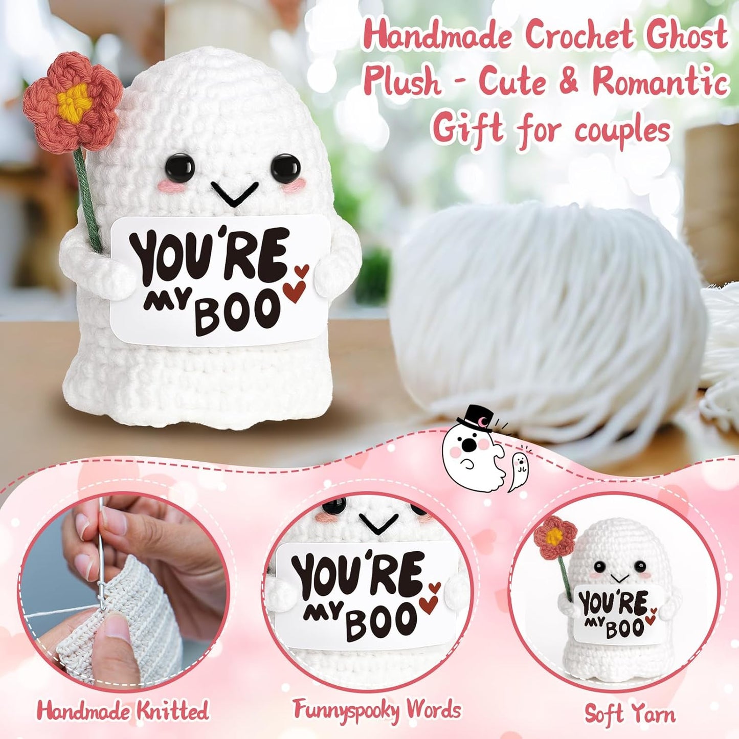 Skiennix You're My Boo Crochet Ghost - Cute Anniversary Gift for Him/Her | Perfect for Valentine's Day & Halloween