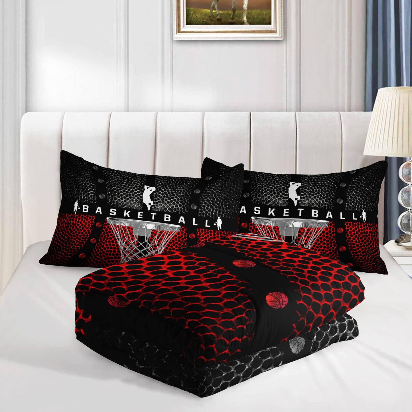 Axolotl Basketball Bedding Set for Boys Kids Teens,Soft Microfiber Black and Red Sports Theme Basketball Bedding Sets Full Size with 1 Comforter and 2 Pillowcases All Season