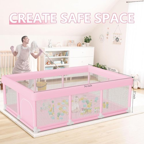 Hiaksedt Large Baby Playpen - 74"x50" Pink Play Pen for Babies & Toddlers | Safe, Soft, Skin-Friendly Fabric with Zipper Gates
