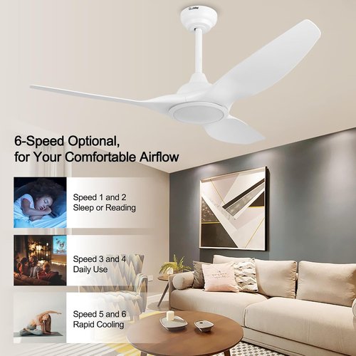 52-Inch Modern Ceiling Fan - Quiet DC Motor with Light & Remote Control | White Finish for Bedroom & Living Room