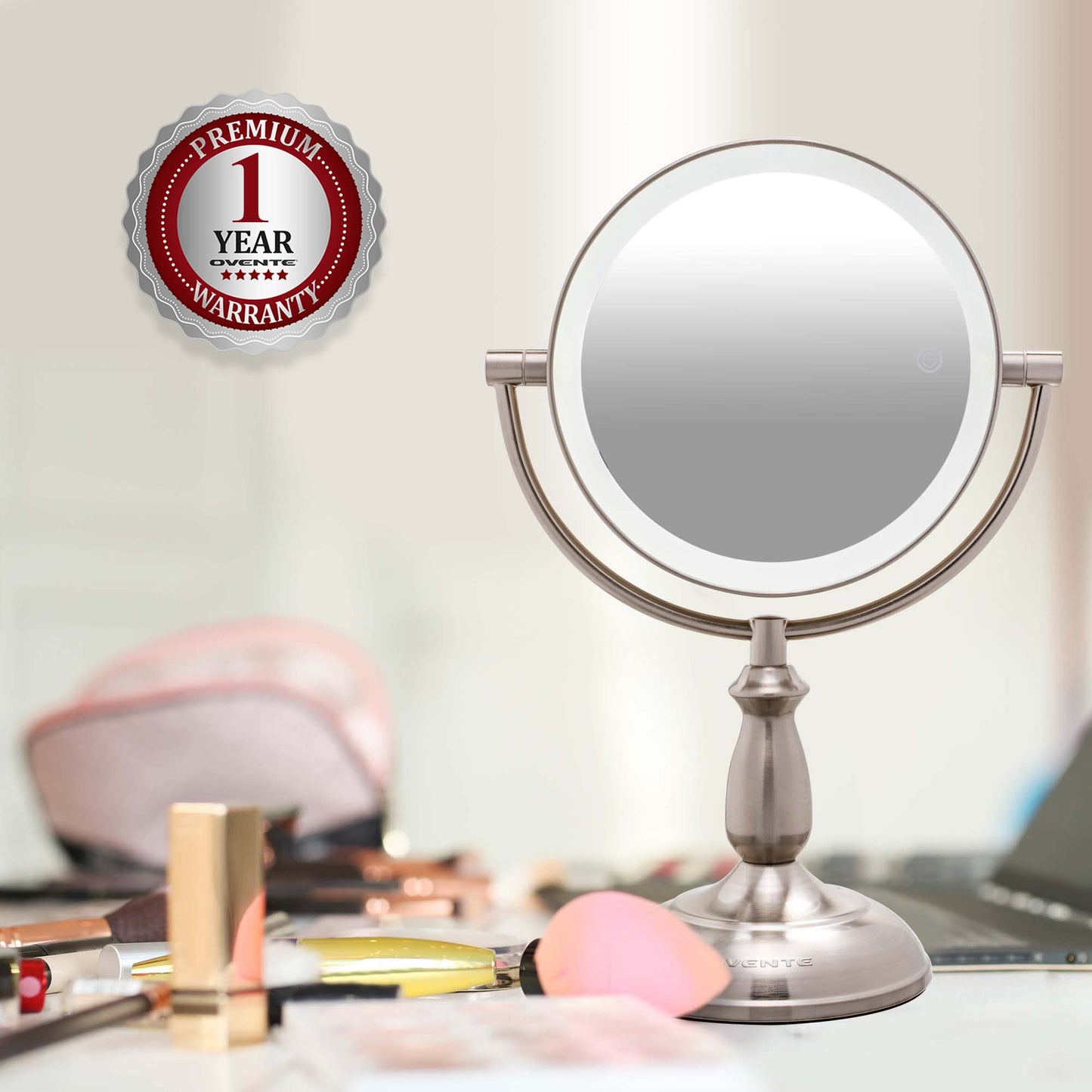 OVENTE 8" Lighted Tabletop Makeup Mirror with 1X/10X Magnification, Double Sided Vanity Mirror, 360° Swivel Design, 3-Tone Smart Touch Glow LED Lights with Auto Shut Off, Nickel Brushed MPT751BR1X10X