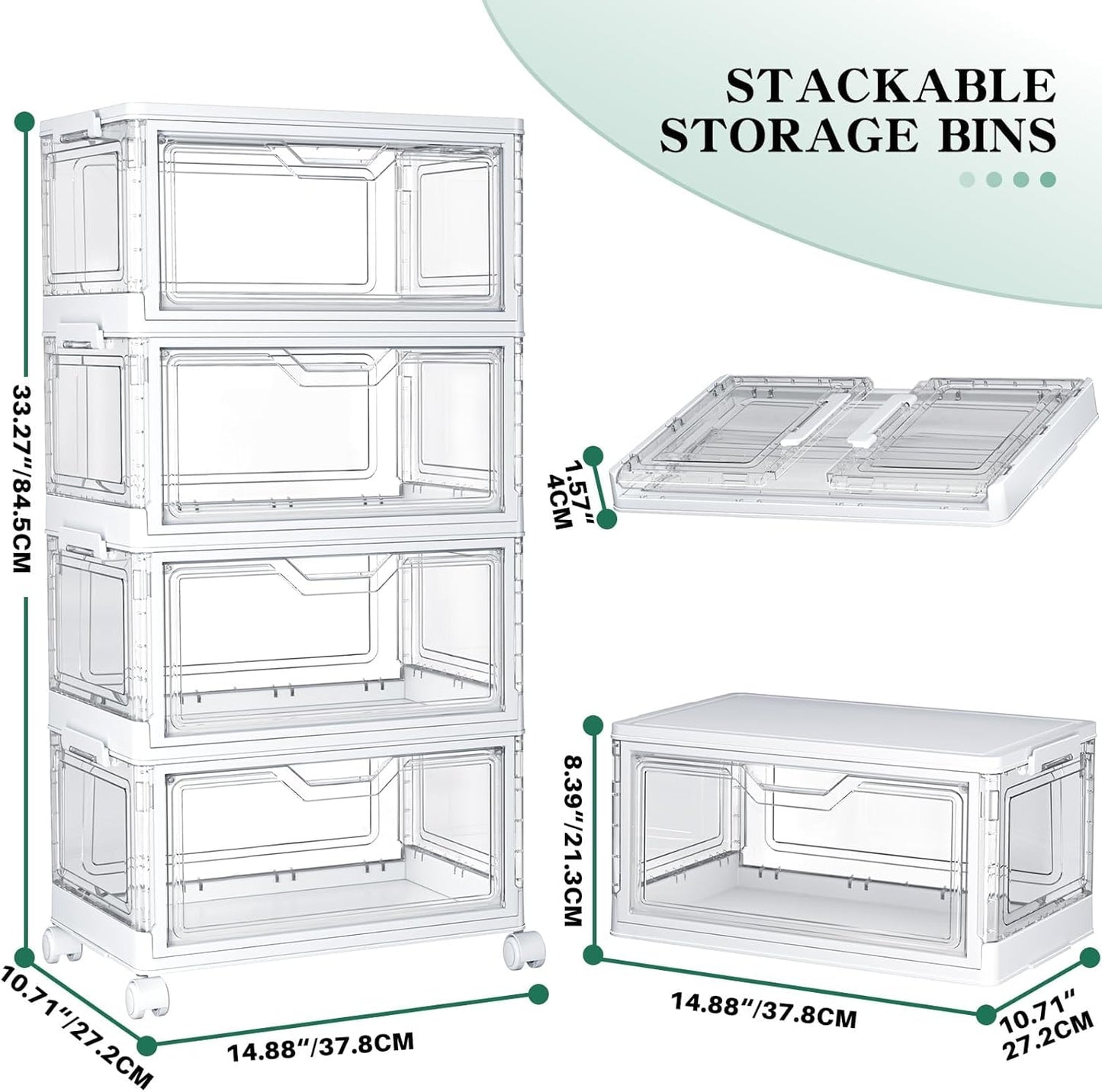 Kmiectse Clear Storage Bins - 4-Tier Stackable Plastic Bins with Lids & Wheels | 23 QT Closet Organizer for Bedroom & Living Room