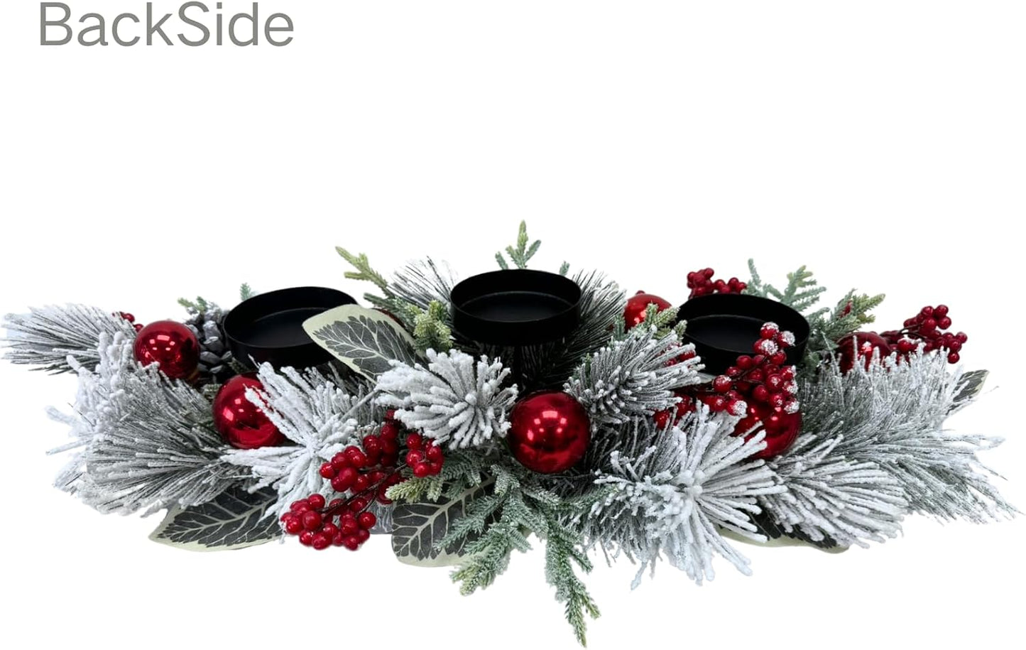 Svndlyn Christmas Candle Holder - 3 Candle Holders with Snow Flocked Pine Branches & Red Berries | Festive Table Centerpiece