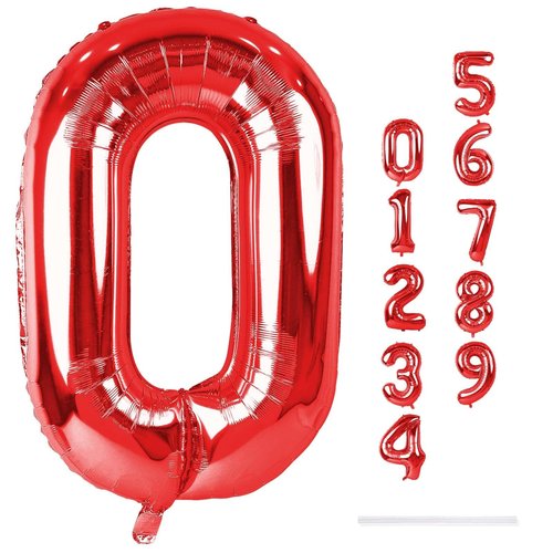 40" Red Number 0 Balloon for Girls, Large Self Inflating Helium Foil Number Balloons Set 0-9 for Women Men Boys Birthday Anniversary Wedding New Year Baby Shower Christmas Party Decorations Supplies