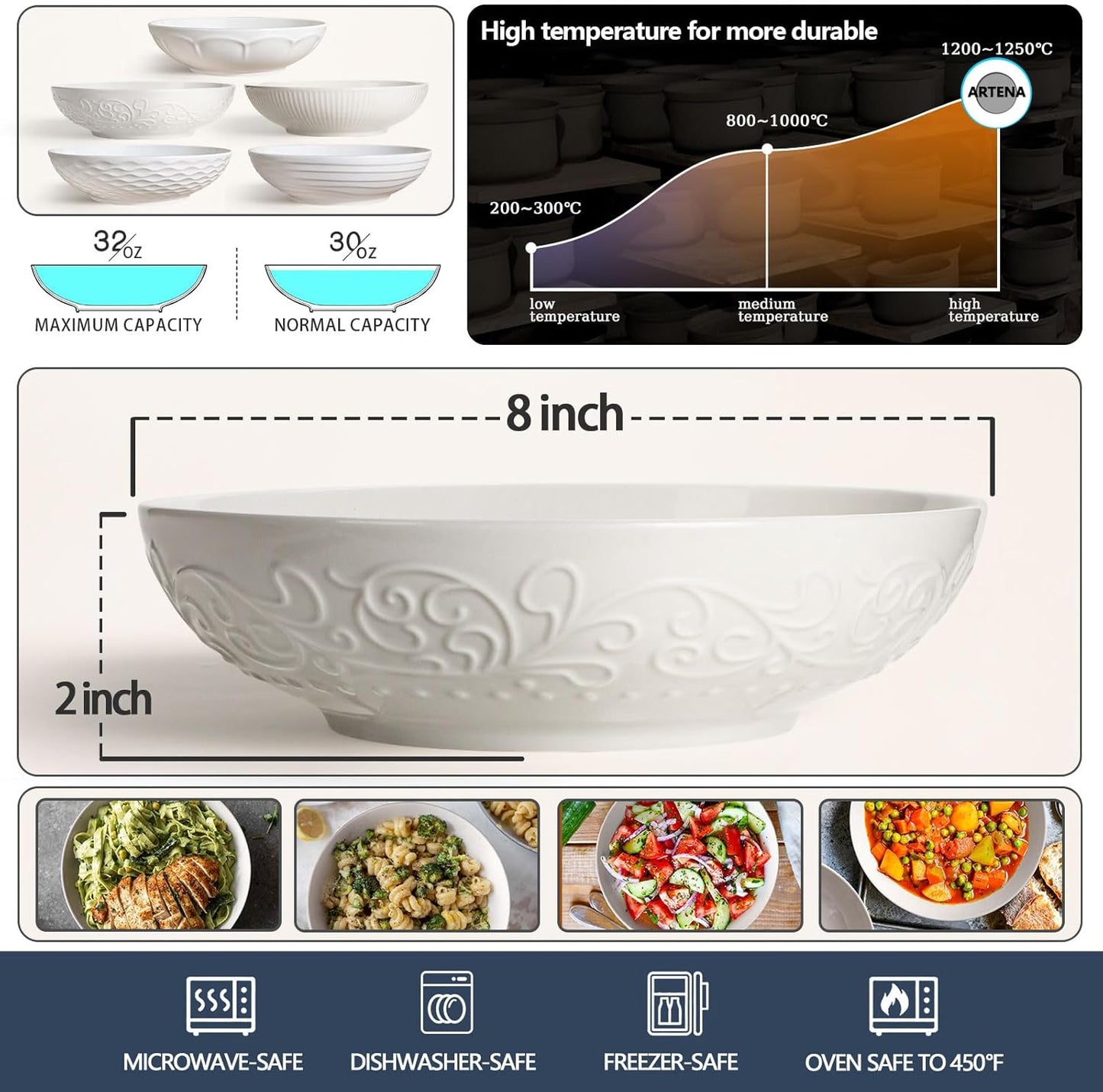 Artena Pasta Bowls Set of 4 - 32oz Ceramic Salad Bowls | 8-Inch White Embossed Design, Microwave & Dishwasher Safe