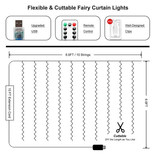 HOLITS 200 LED Fairy Curtain Lights, 6.6 x 6.6 FT Warm White USB Plug in 8 Modes Hanging Lights with Remote for Christmas, Bedroom, Indoor, Outdoor, Weddings, Party (Warm White)