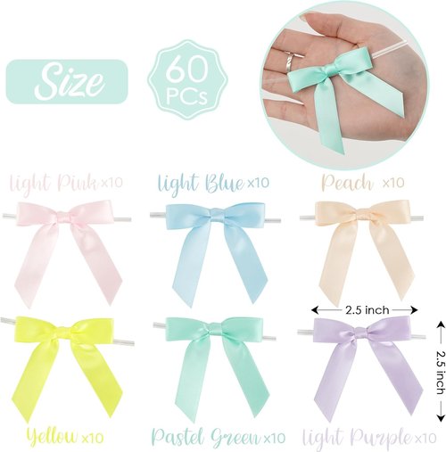 AIMUDI Satin Twist Tie Bows - 2.5" Pastel Gift Wrapping Bows | 60 Pack for Crafts & Celebrations