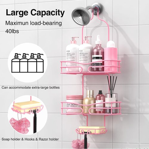 DAOYA Pink 3-Tier Shower Caddy - Overhead Bathroom Organizer with Soap Holder & 6 Hooks
